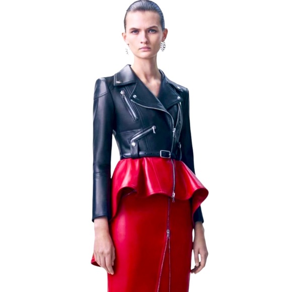 【美品・希少】Alexander McQueen フェザージャケット レッド Alexander McQueen Red Leather Double Breasted Jacket Coat Womens